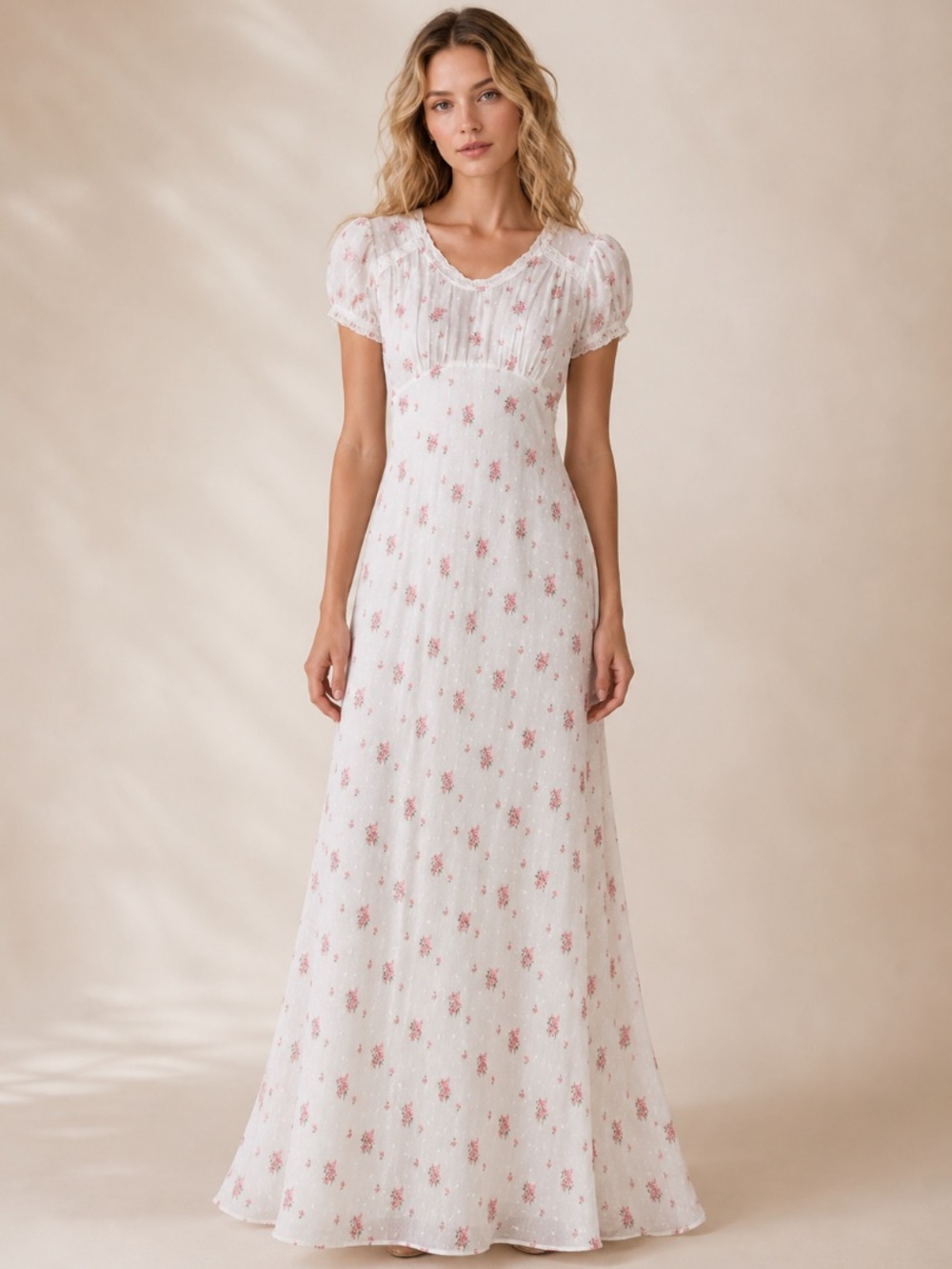 LoveShackFancy Floral Maxi Dress Puff Sleeve Empire Waist Cottagecore Cotton 00